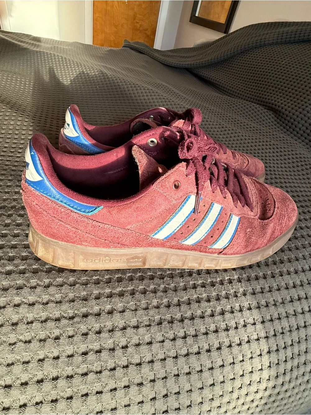 adidas Men Burgundy Suede Sneakers with Blue Stripes